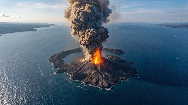 Aerial view of a volcanic island erupting in the middle of the ocean, showing a massive ash column, bright orange lava, volcanic crater, rugged terrain, and surrounding blue sea.