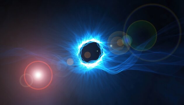 Abstract blue energy portal or wormhole with glowing light effects and lens flares in deep space