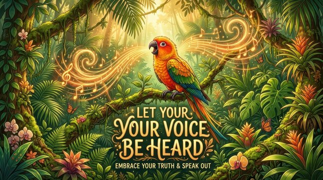 Vibrant parrot singing in lush jungle, surrounded by musical notes and butterflies, promoting self-expression and speaking out.