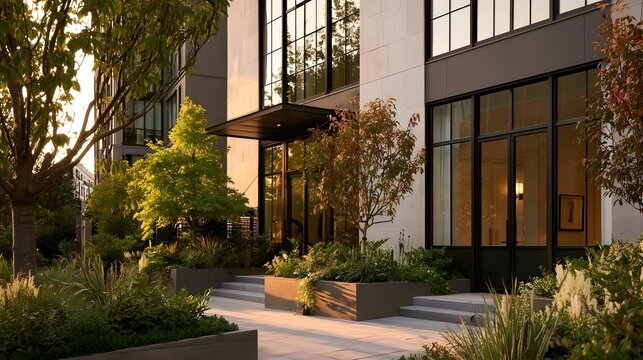 Modern building facade with large glass   stone cladding  and landscaped garden at golden hour