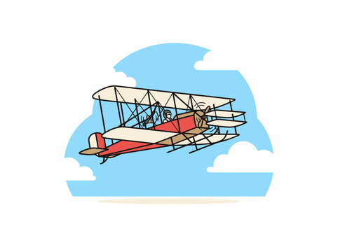 Retro biplane illustration flying in the sky with clouds, vector graphic.