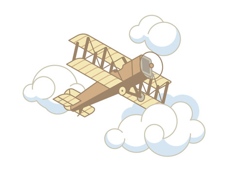 Vintage biplane illustration flying through cartoon clouds, retro aviation vector.