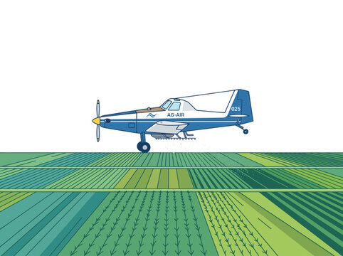 Agricultural airplane spraying crops over a field, vector illustration for modern farming and technology.