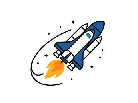 Vector illustration of a space shuttle ascending with flames and stars, representing aerospace and technology.
