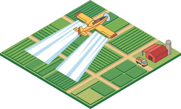 Agricultural plane spraying crops over a farm landscape in isometric view, vector illustration