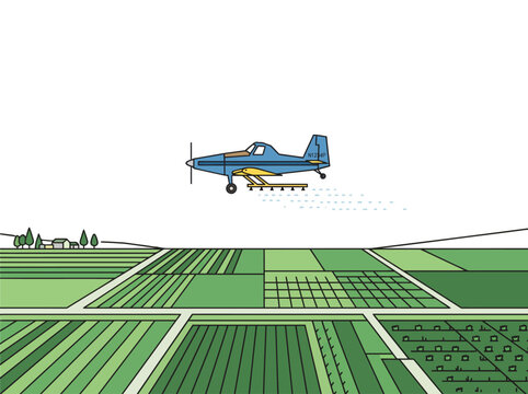 Stylized agricultural plane spraying crops over vast green fields, vector illustration for farming and agribusiness.