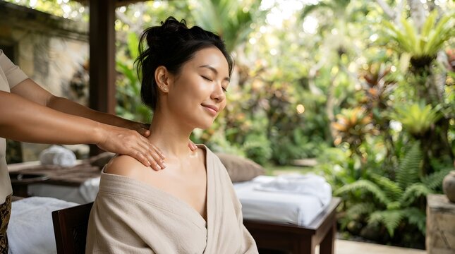 Asian Woman Relaxing During Neck and Shoulder Massage at Outdoor Spa