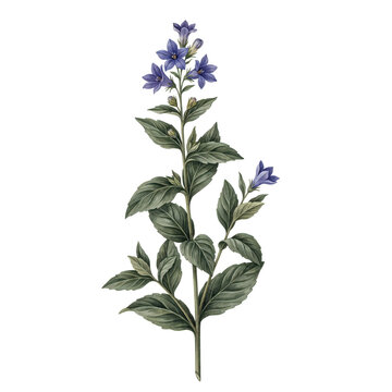 Botanical of a campanula bellflower stem with purple blossoms and detailed green serrated leaves isolated on a transparent background