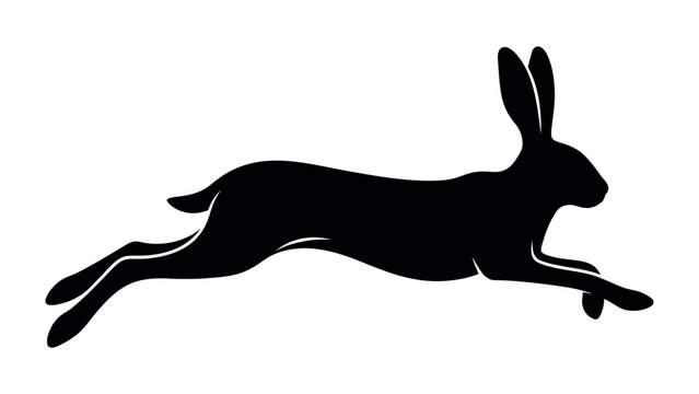 Silhouette of a Hare in Motion: A striking black silhouette captures the dynamic movement of a hare mid-leap, showcasing its sleek form and elongated ears as it races across an open space.