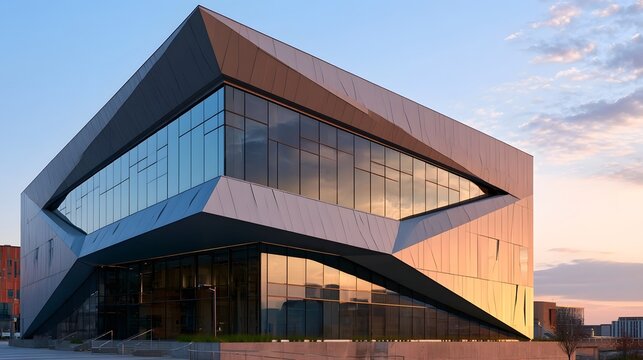 A modern angular building with glass and metallic panels reflects the sky during sunset  viewed from street level
