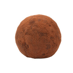 Fototapeta premium Single delicious round chocolate truffle dusted with cocoa powder, isolated on a clean white background, captured with soft studio lighting