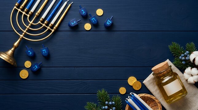 Hanukkah menorah with dreidels and oil on dark blue wooden background for Jewish holiday