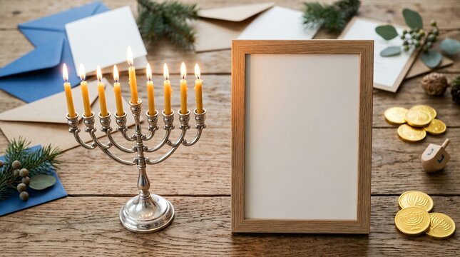 Hanukkah Menorah with lit candles and blank wooden picture frame on rustic wooden table