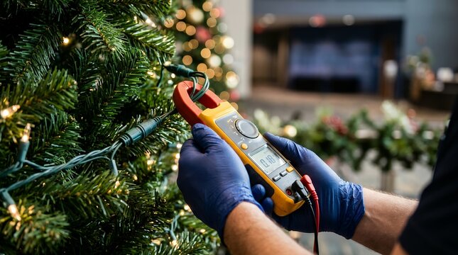 Electrician inspecting Christmas tree lights with a clamp meter for fire safety compliance.
