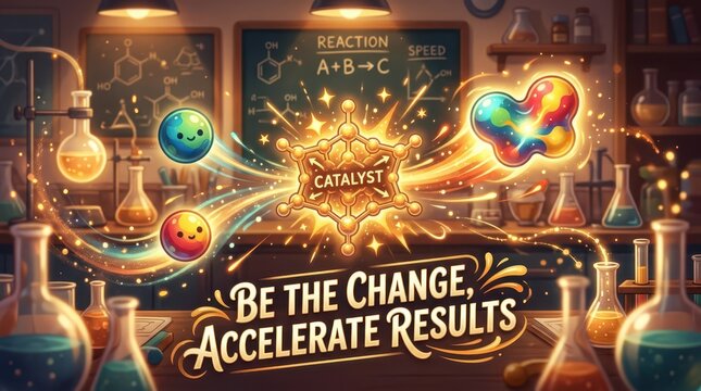 Science laboratory with animated molecules and text "Be the Change, Accelerate Results" promoting catalysis and chemical reactions.