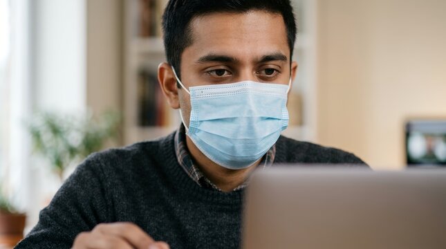 Sick professional man wearing protective face mask working on laptop at home office desk.