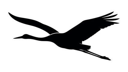 Fototapeta premium Silhouette of a Crane in Flight: A striking black silhouette of a crane soaring gracefully through the sky, its wings extended in a powerful, elegant motion.