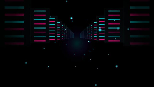 Abstract digital tunnel with glowing neon data bars