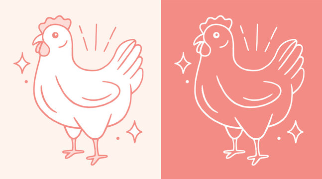 Pink chicken drawing hand drawn hen doodle outline sketch white line art cute girly retro vintage illustration. Farm animal poultry logo pastel color whimsical boho aesthetic vector clipart design.