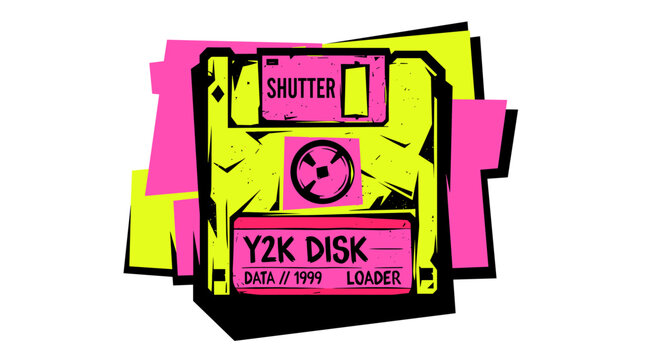 A vibrant, stylized illustration of a retro floppy disk with neon pink and yellow graphic accents