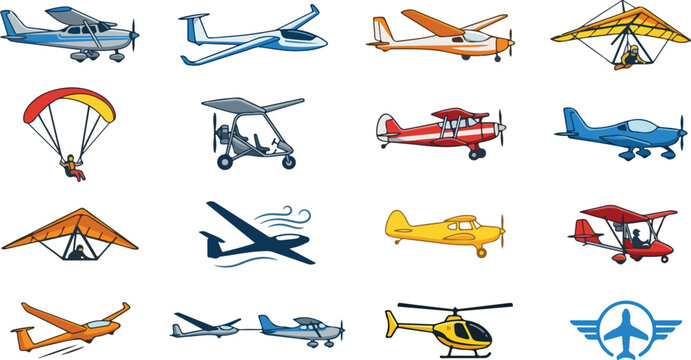 Various small airplanes gliders and helicopters flying in open sky