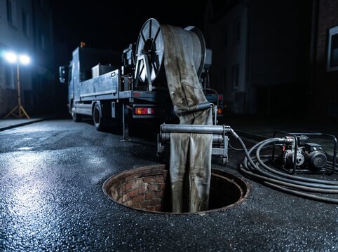 A no dig pipe lining rig feeding liner into an old main at night
