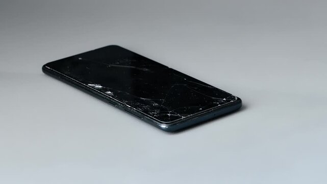 Cracked screen protector for smartphone. Damaged mobile phone with shattered front glass laying on plain grey studio background.