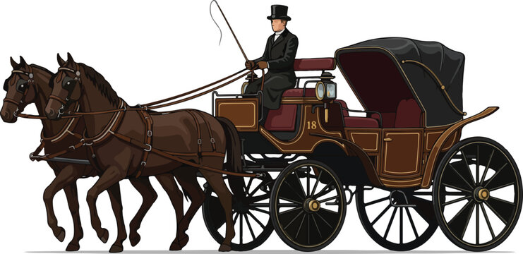 Vintage horse drawn carriage driven by a coachman on white background