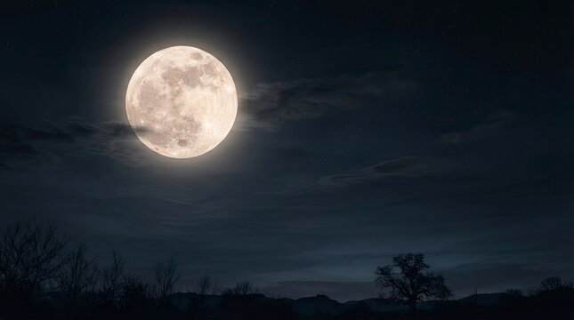 Glowing Supermoon Shining Brightly in Dark Cloudy Night Sky over Silhouette of Trees Landscape