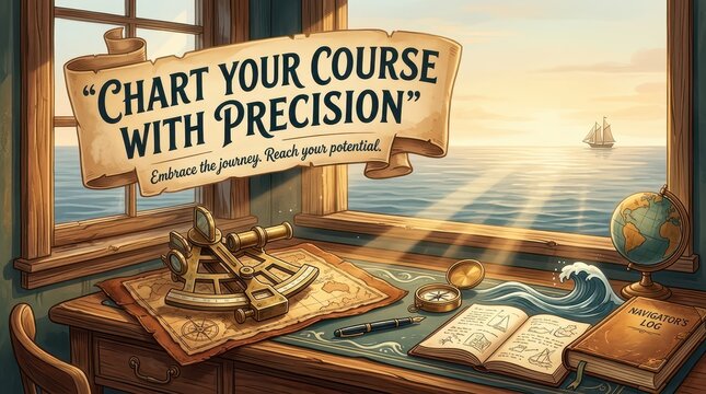 Nautical navigation tools and a globe on a desk by a window overlooking the sea with a sailing ship, inspirational message