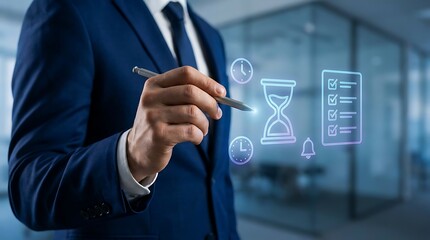 Obraz premium Businessman pointing at virtual holographic icons representing time management and productivity in an office