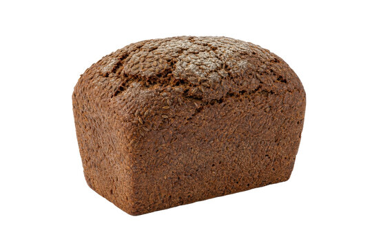 Single rectangular loaf of dark rye bread, generously topped with caraway seeds and flour, isolated on a clean white background