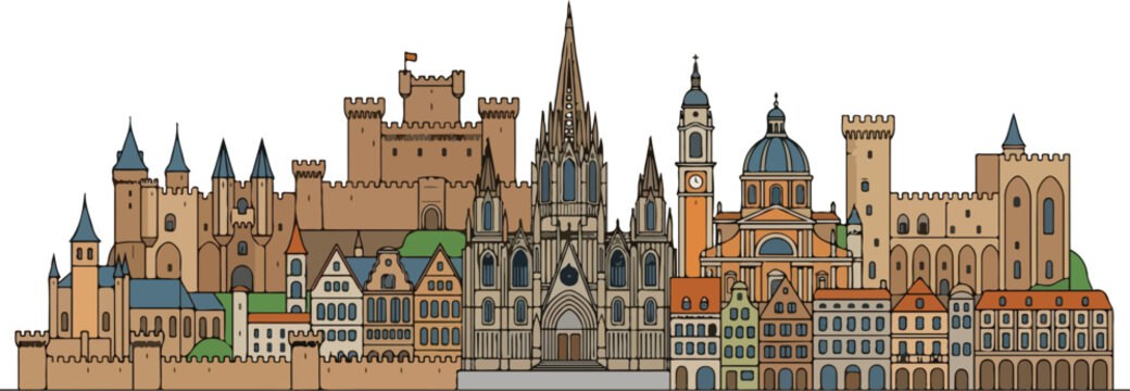 European medieval city skyline with castle cathedral and historic buildings standing on white background