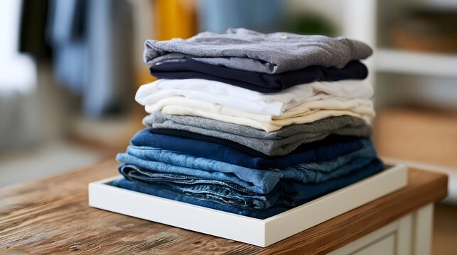 A neat stack of folded shirts and jeans arranged on a wooden surface in a tidy indoor setting