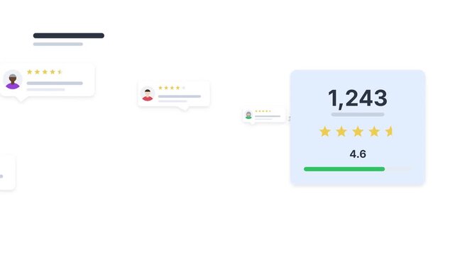 Customer Review Counter Animation. Star Rating Card With Growing Review Number Feed On White Background. 4K Social Proof Motion Graphics Loop
