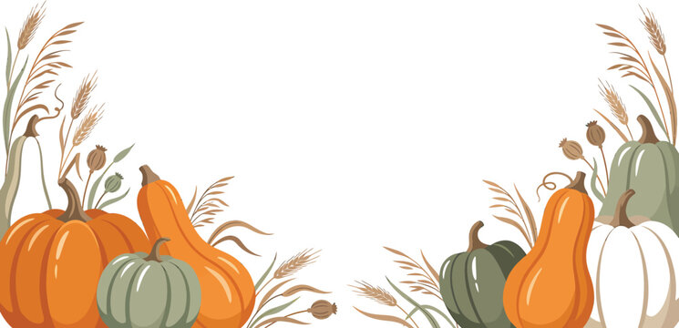 Thanksgiving border vector illustration with autumn pumpkins, squash, wheat stalks, and copy space fall pumpkin harvest banner frame design template