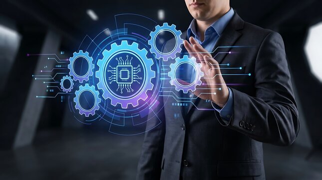 Businessman interacting with futuristic digital gear and microchip interface technology concept