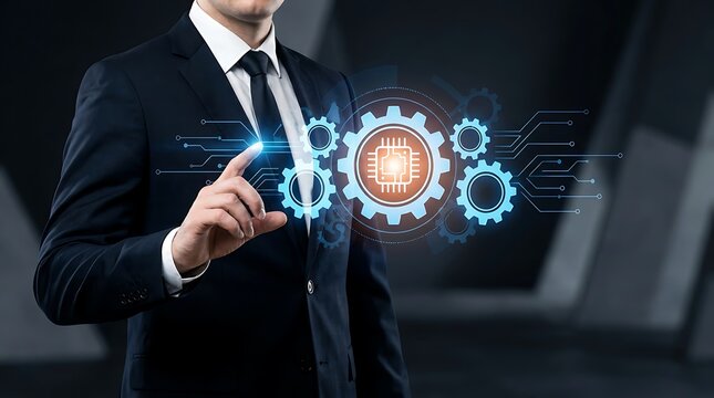 Modern enterprise strategy featuring businessman working with glowing tech interface