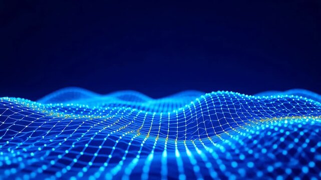 Dark blue abstract digital wave grid structure with glowing dots high angle perspective