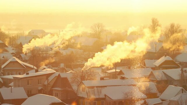 Golden morning sunlight illuminates heavy smoke plumes rising from chimneys of snow-covered village houses on a frosty winter day