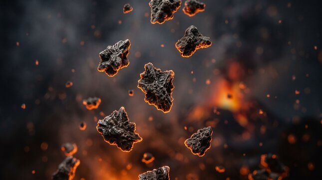 Volcanic ash particles falling with glowing embers and smoke in a dark eruption background.