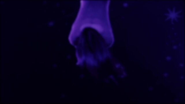 Female gymnast performing acrobatic routine illuminated by ultraviolet light, body adorned with glowing dots, elegant movement against dark cosmic background, stage performance artistry slow mo blurry