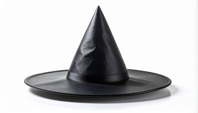 Black wizard witch hat with tall cone shape and wide circular brim isolated on white studio background, Halloween costume accessory and magic prop