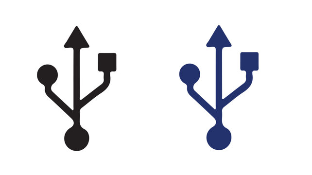 Pair of USB connection port icons in black and blue, symbolizing data transfer and digital connectivity.