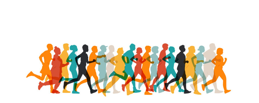 Silhouettes of different people running together. Flat vector illustration.	