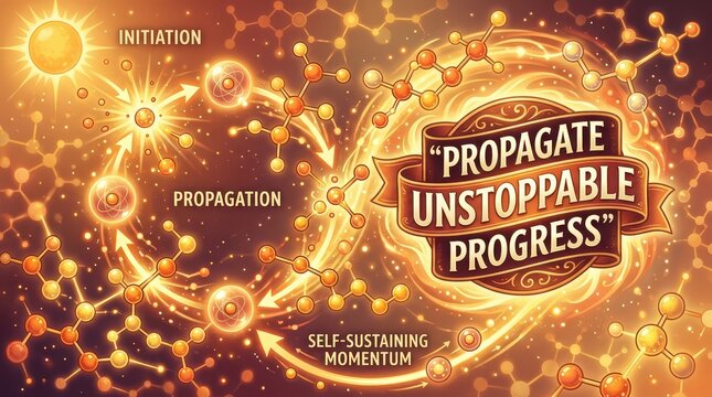 Scientific concept of propagation and initiation of chain reactions with text "Propagate Unstoppable Progress"