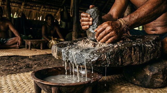 Indigenous man pounding kava root on basalt stone for traditional ceremonial preparation