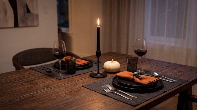 Spooky Halloween table setting with candle and wine