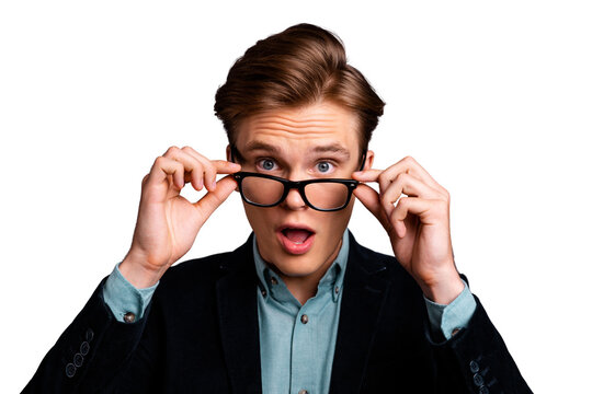 Close up photo amazing him his guy macho specs perfect appearance not believe eyes unexpected epic fail open mouth oh no facial expression formal-wear shirt velvet jacket isolated grey background
