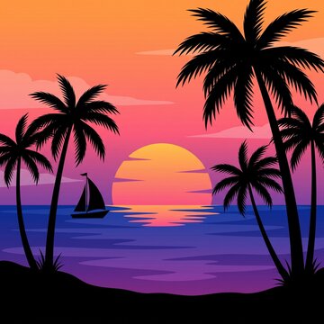 Tropical beach sunset vector illustration featuring dramatic black silhouettes of palm trees along the shoreline, a small sailing boat on the ocean, and a large glowing sun descending toward